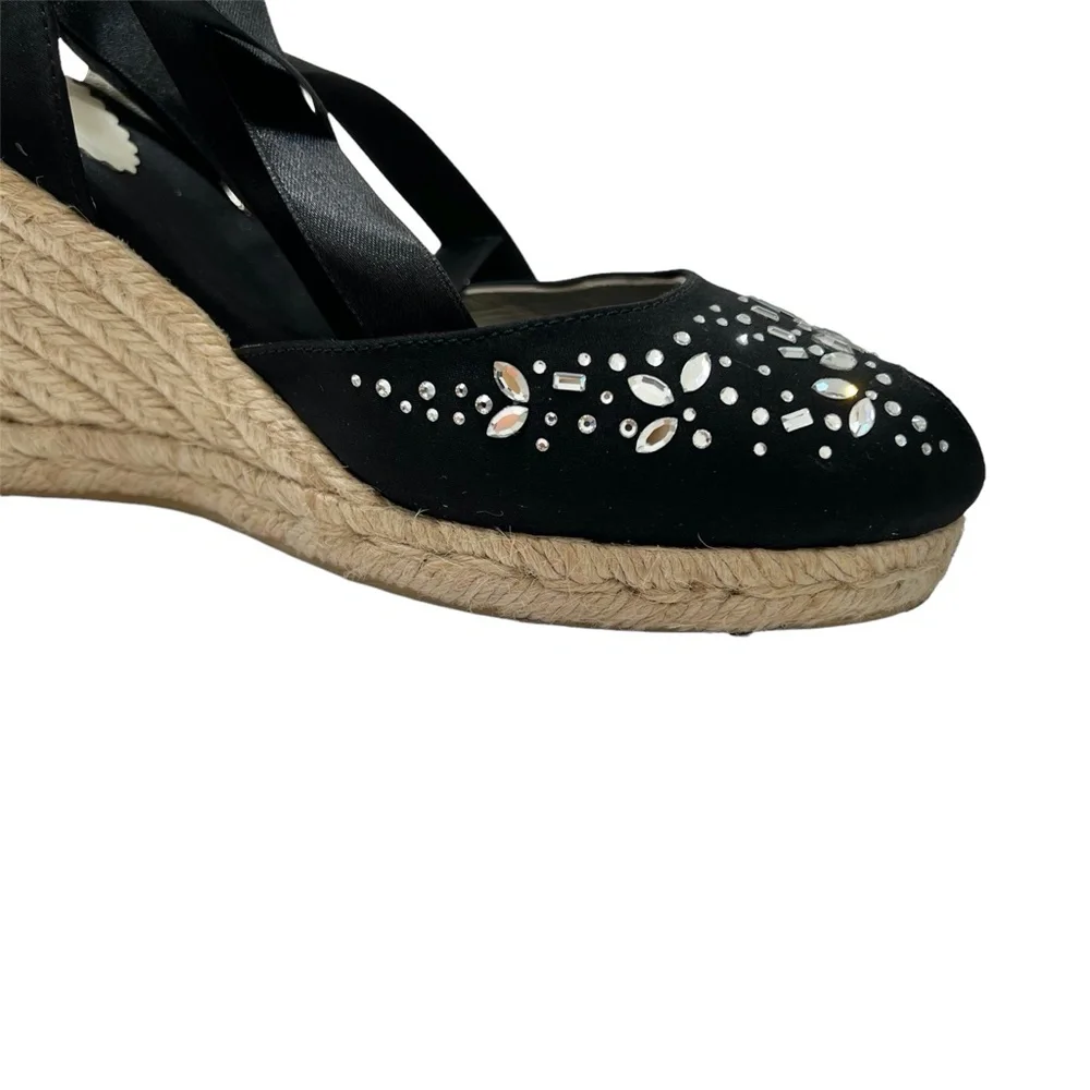 ANNE KLEIN BLACK SATIN WEDGE PEEP TOE ESPADRILLES W SATIN ANKLE WRAP & CRYSTALS